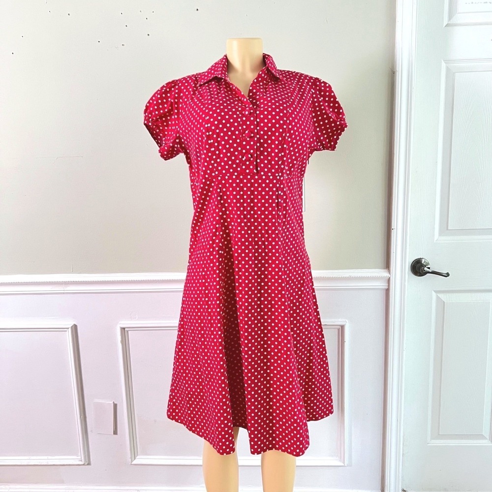 Vintage Polka Dot Dress Womens M Red White Puff Sleeve PinUp Retro Rockabilly